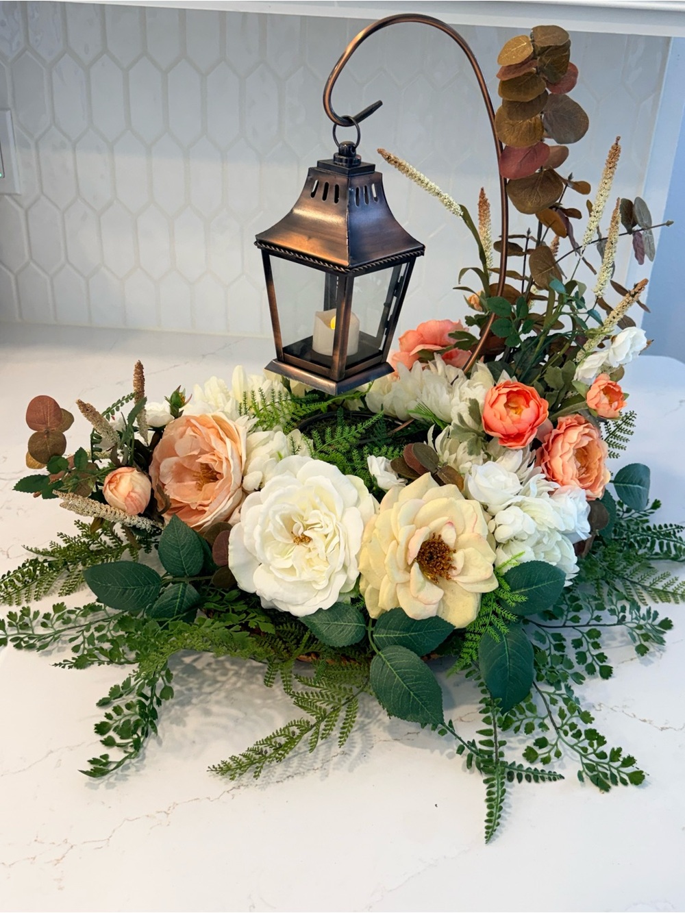 Faux Floral Centerpiece with Copper Lantern - White & Peach - qty 7